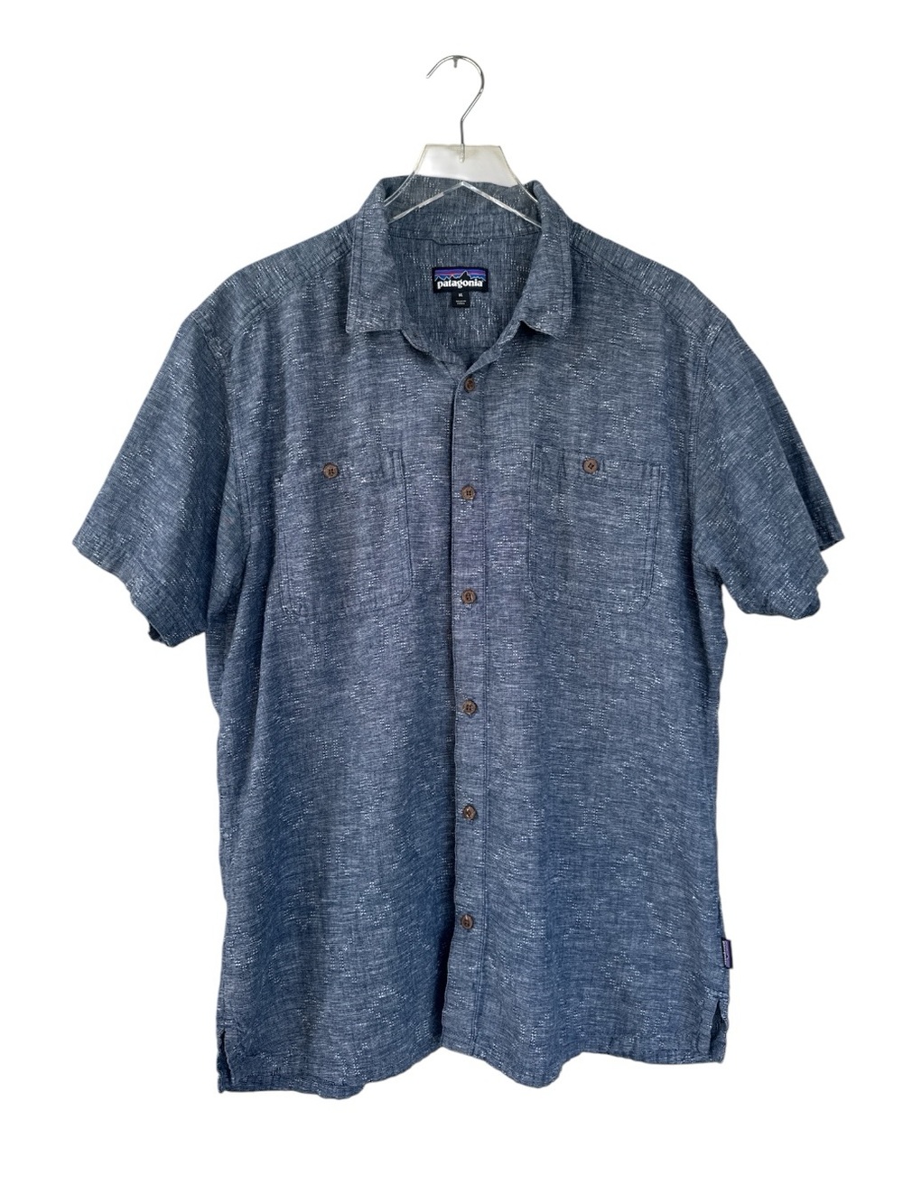 Patagonia Hemp Organic Cotton Short Sleeve Button Front Shirt XL Blue